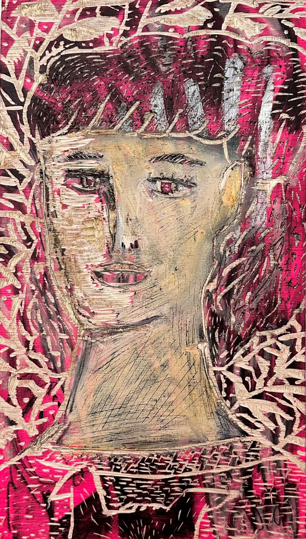 고마워요 Thank you, wood cut, acrylic, charcoal, oilstick on wood panel, 19 x 33.4 x 2.5 cm, 2023