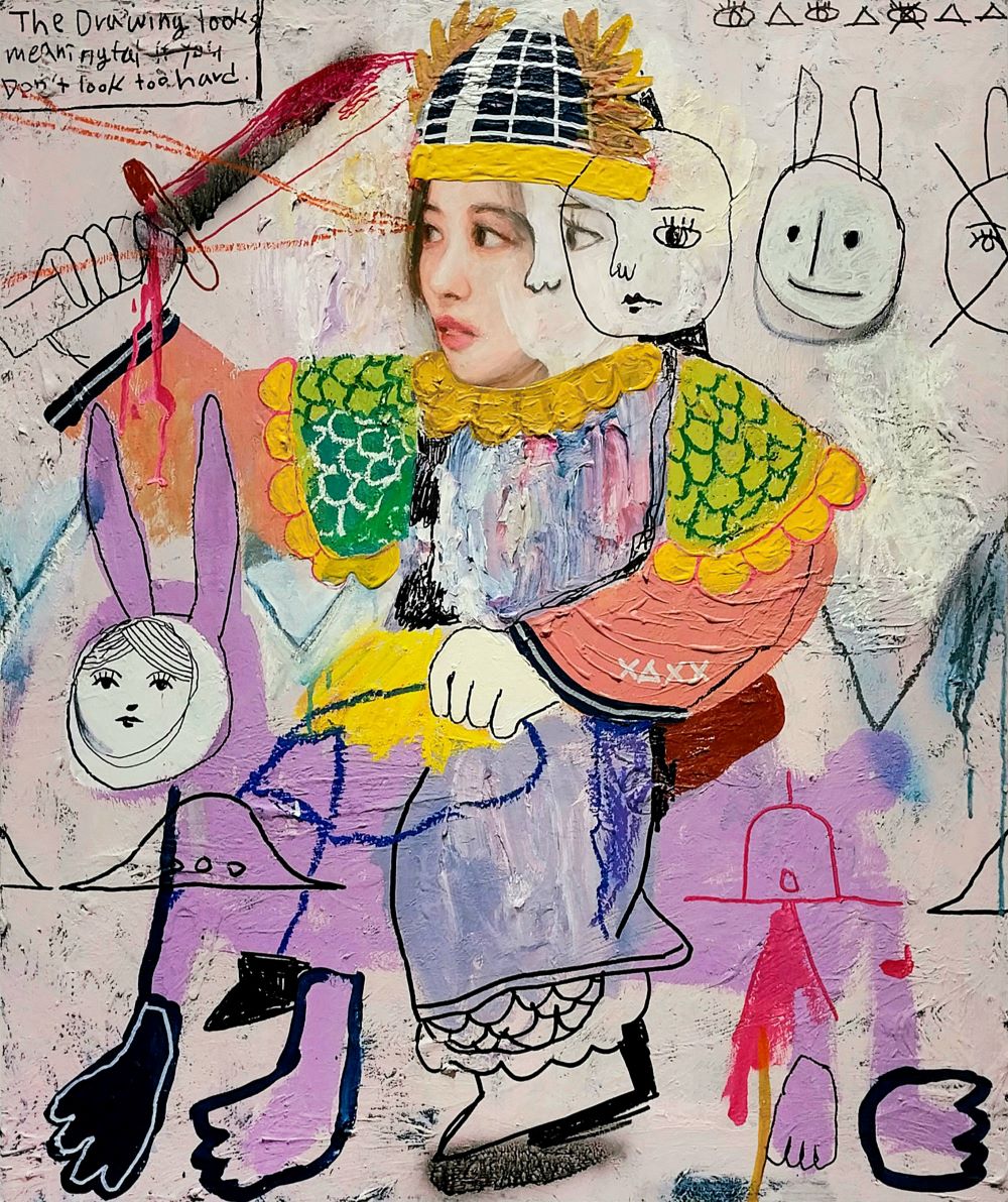 Asian General,
acrylic, oil pastel and marker pen on paper mounted on wood panel,
72.7cm x 60.6cm, 2025