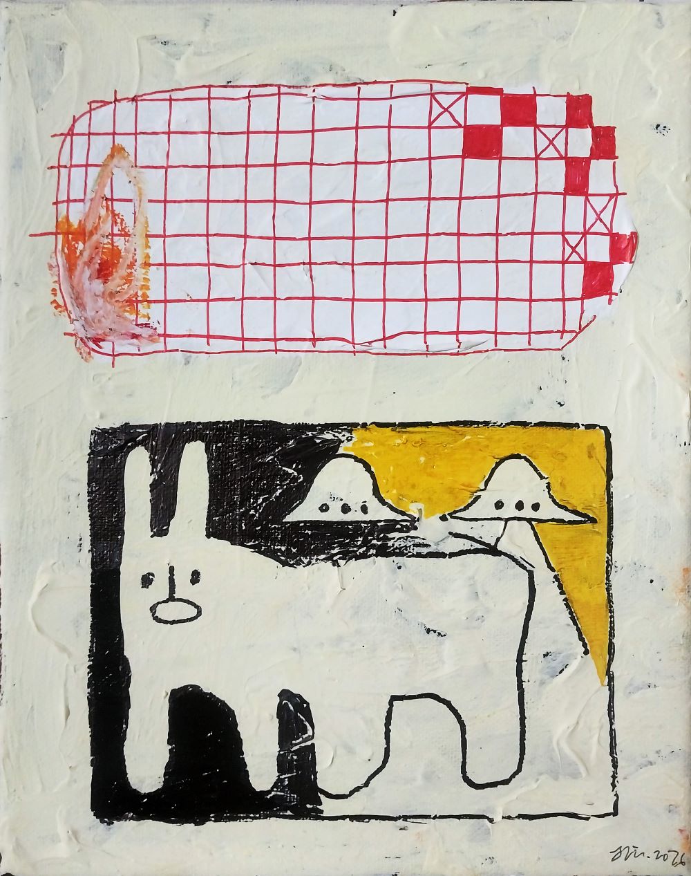 Atonal,
acrylic, oil pastel and marker pen on canvas,
33.4cm x 24.2cm, 2026