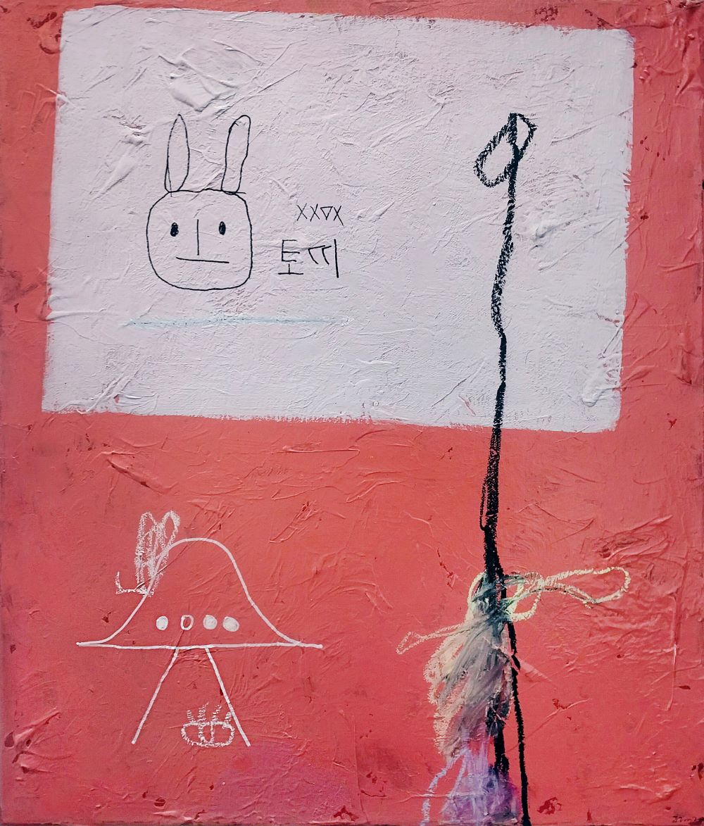 Bunny box 2,
acrylic, oil pastel and marker pen on canvas
53.0cm x 45.5cm, 2025