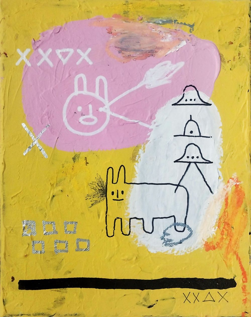 Chip,
acrylic, oil pastel and marker pen on canvas,
33.4cm x 24.2cm, 2026