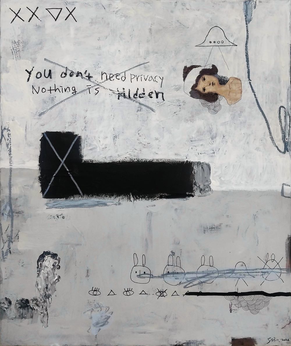 logged, acrylic, oil pastel and marker pen on canvas,
72.7cm x 60.6cm, 2026