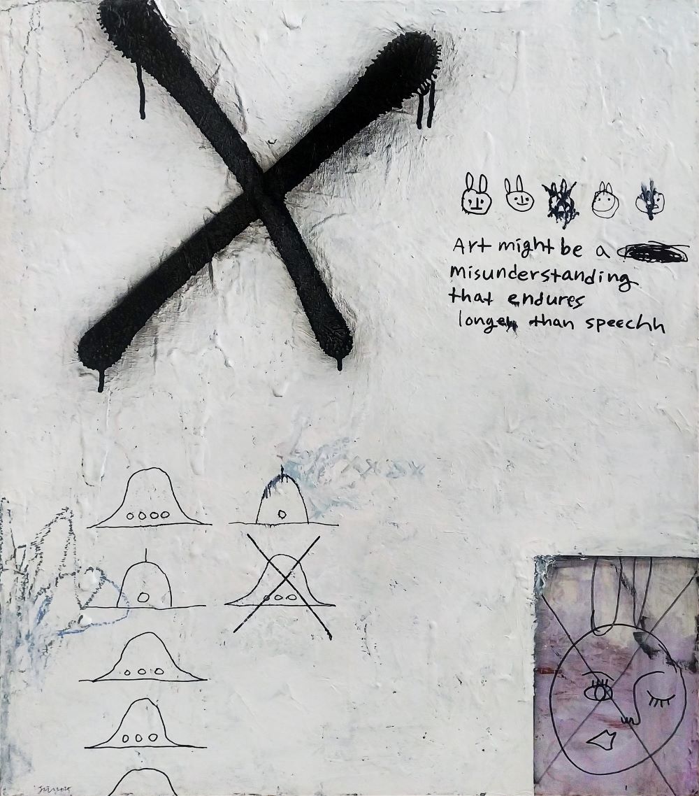 Misunderstanding,
acrylic, oil pastel and marker pen on paper mounted on wood panel
72.7cm x 60.6cm, 2025