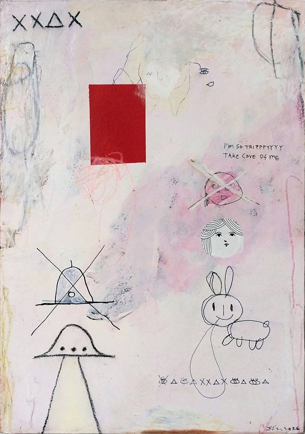 Reaction,
acrylic,oil pastel and marker pen on paper mounted on wood panel,
52.0cm x 36.0cm, 2026