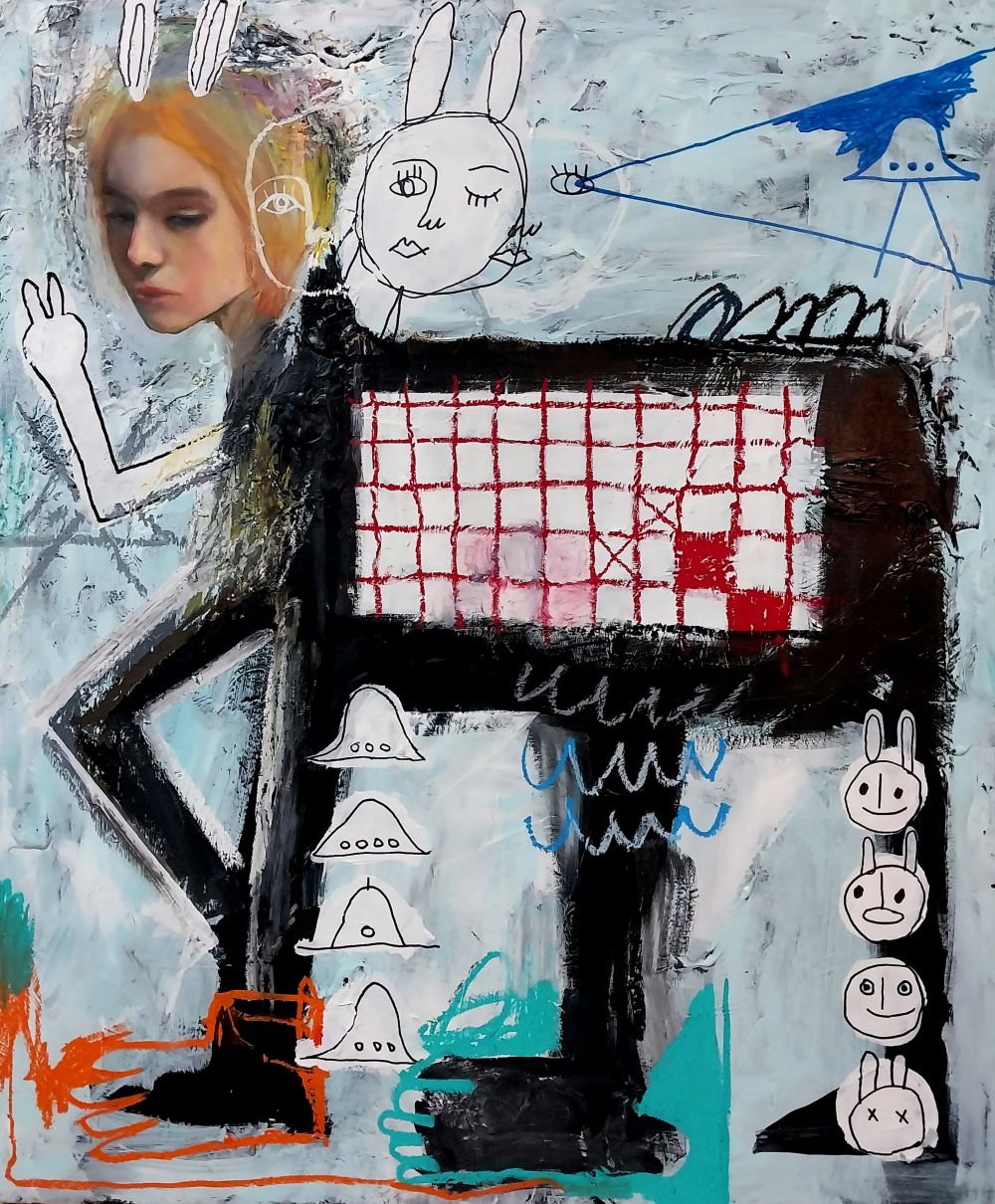 recovered,
acrylic, oil pastel and marker pen on paper mounted on wood panel,
72.7cm x 60.6cm, 2025
