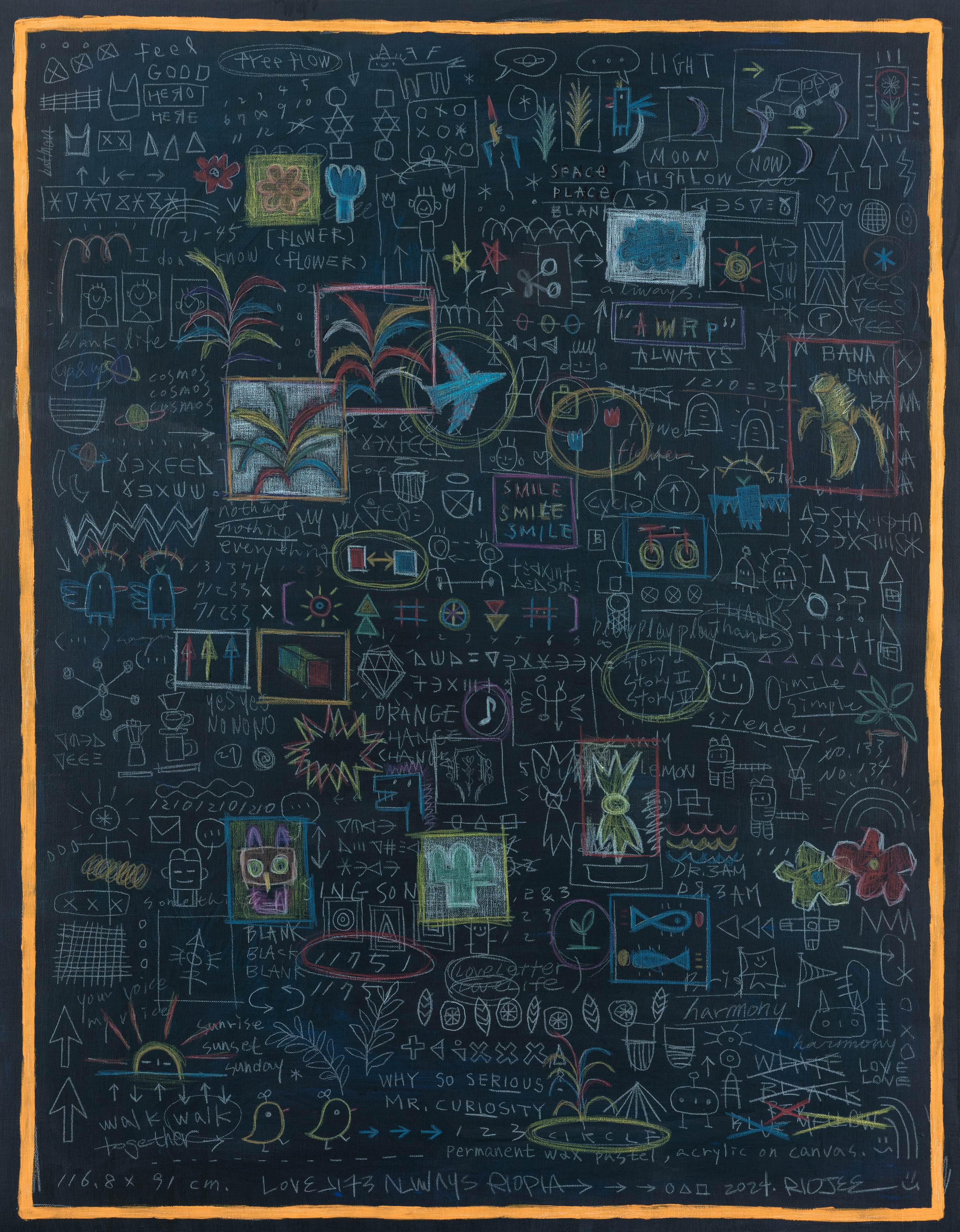 RIOFLO (light in the dark), Acrylic, wax pastel on canvas, 116.8x91cm, 2024