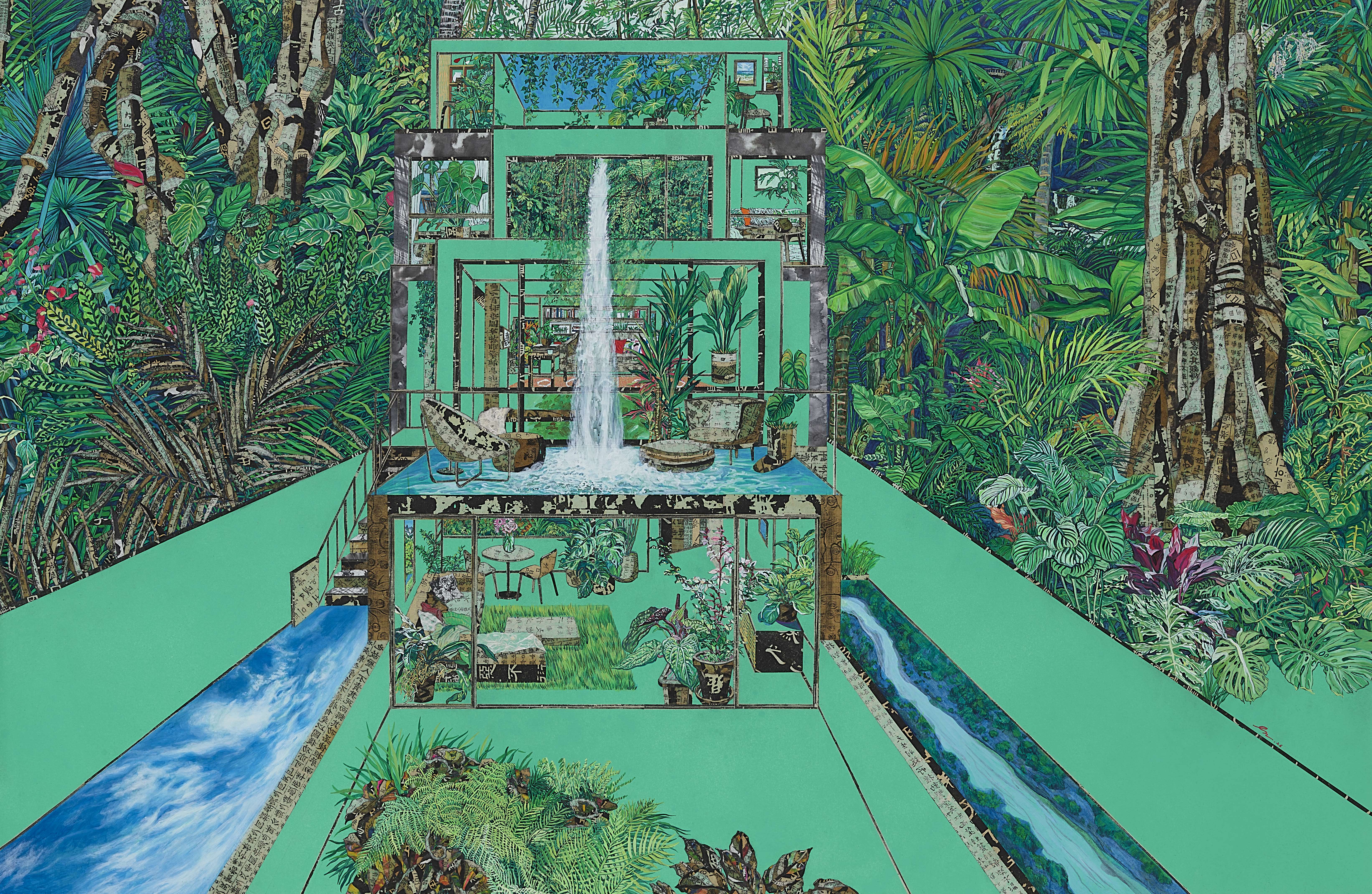 너의 방에 숲이 무성할 때 1, 2026, 한지에 고서꼴라쥬, 수묵, 아크릴, 130x194cm