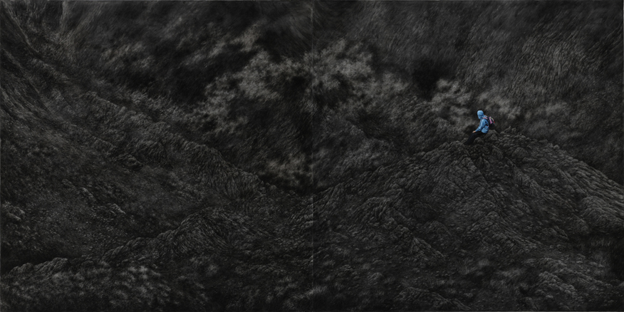 이경하-내려다보는 사람, 160x320cm, charcoal & oil on canvas, 2014