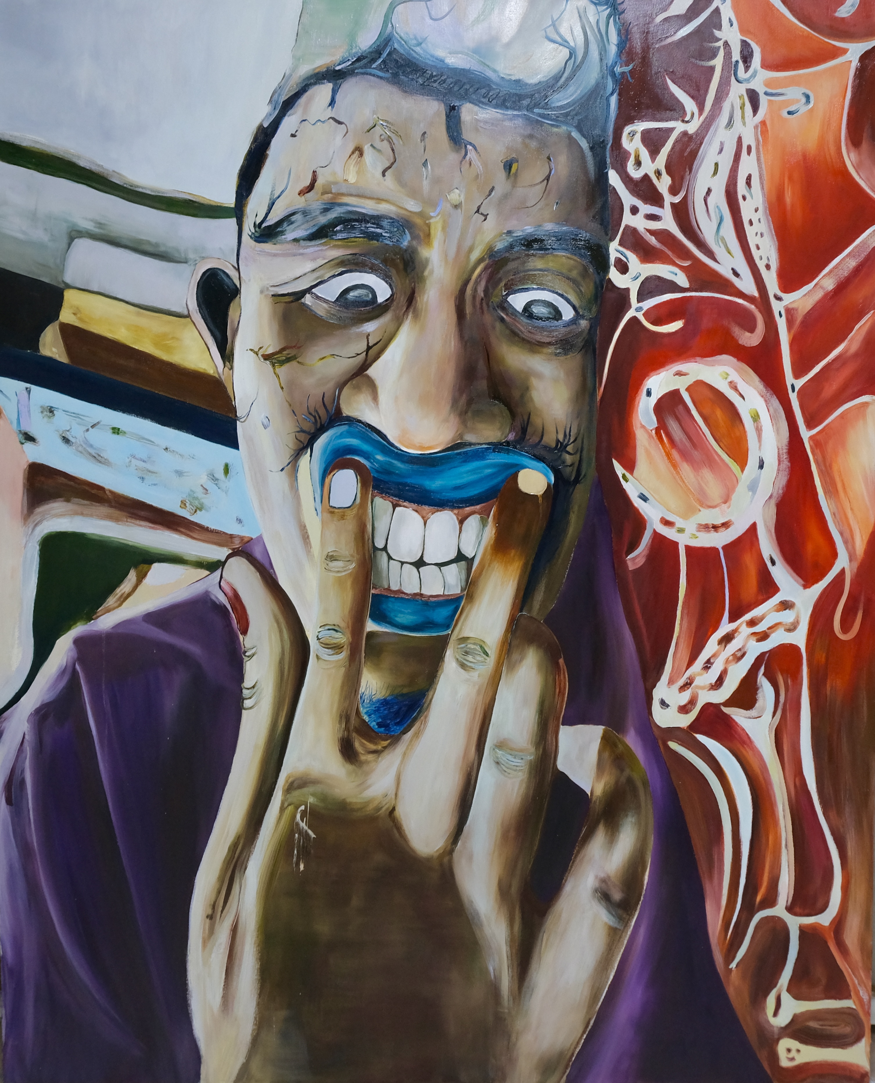 Overdone peace sign, open one's eyes. 2024, oil on canvas, 162.0x130.3cm