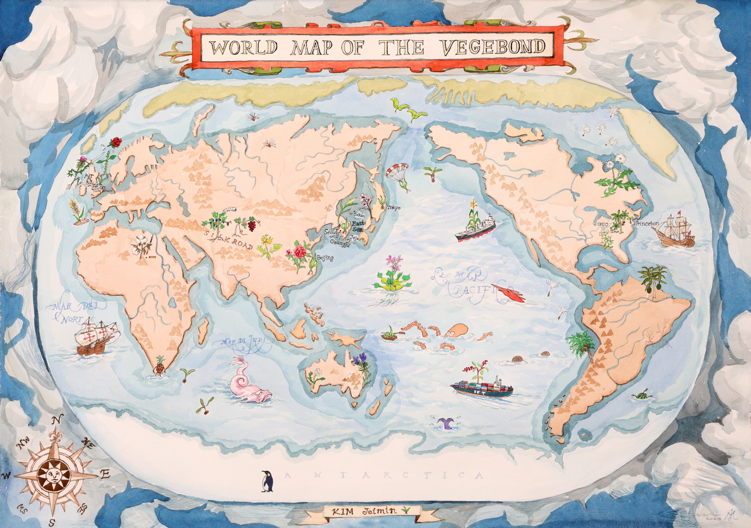 World Map of the Vegebond(방랑자 잡초의 세계지도)_2024_gouache and ink on paper_53.2x75.7cm