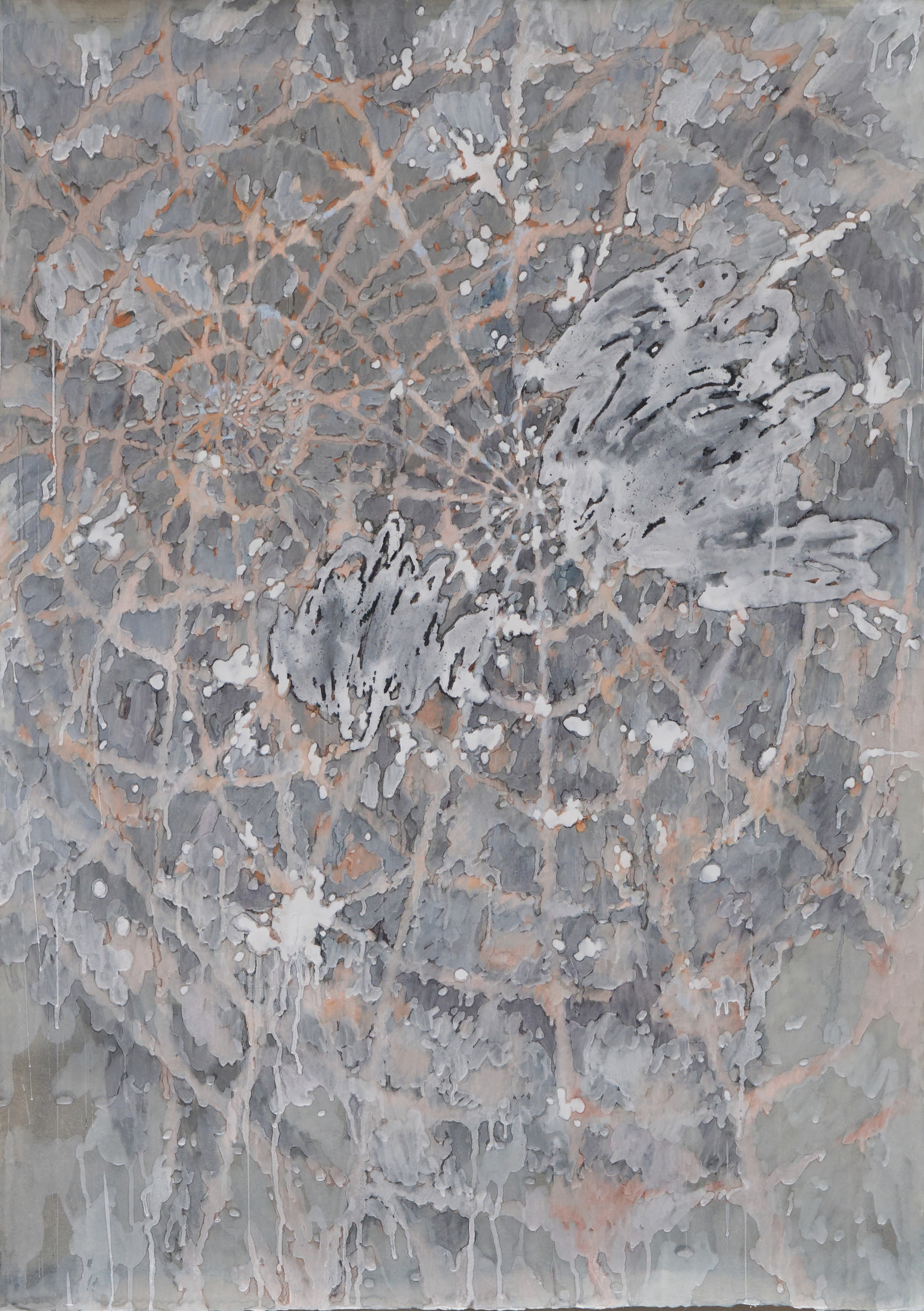 쌍둥이 고치, 장지에 물감, 파스텔, 호분, 149x105cm, 2025 