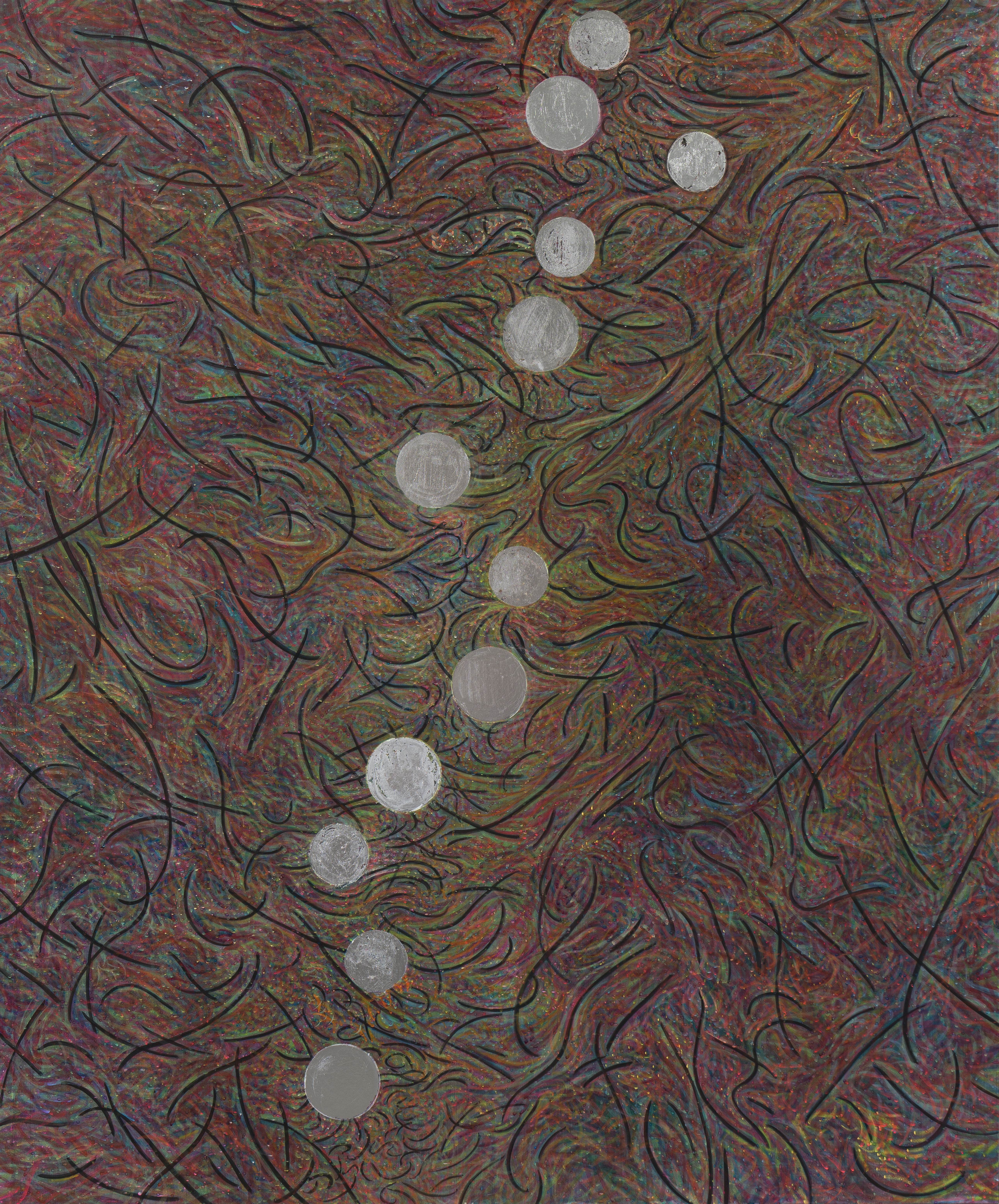 메아리, 장지에 주묵, 분채, 콘테, 은박, 180x150cm, 2025