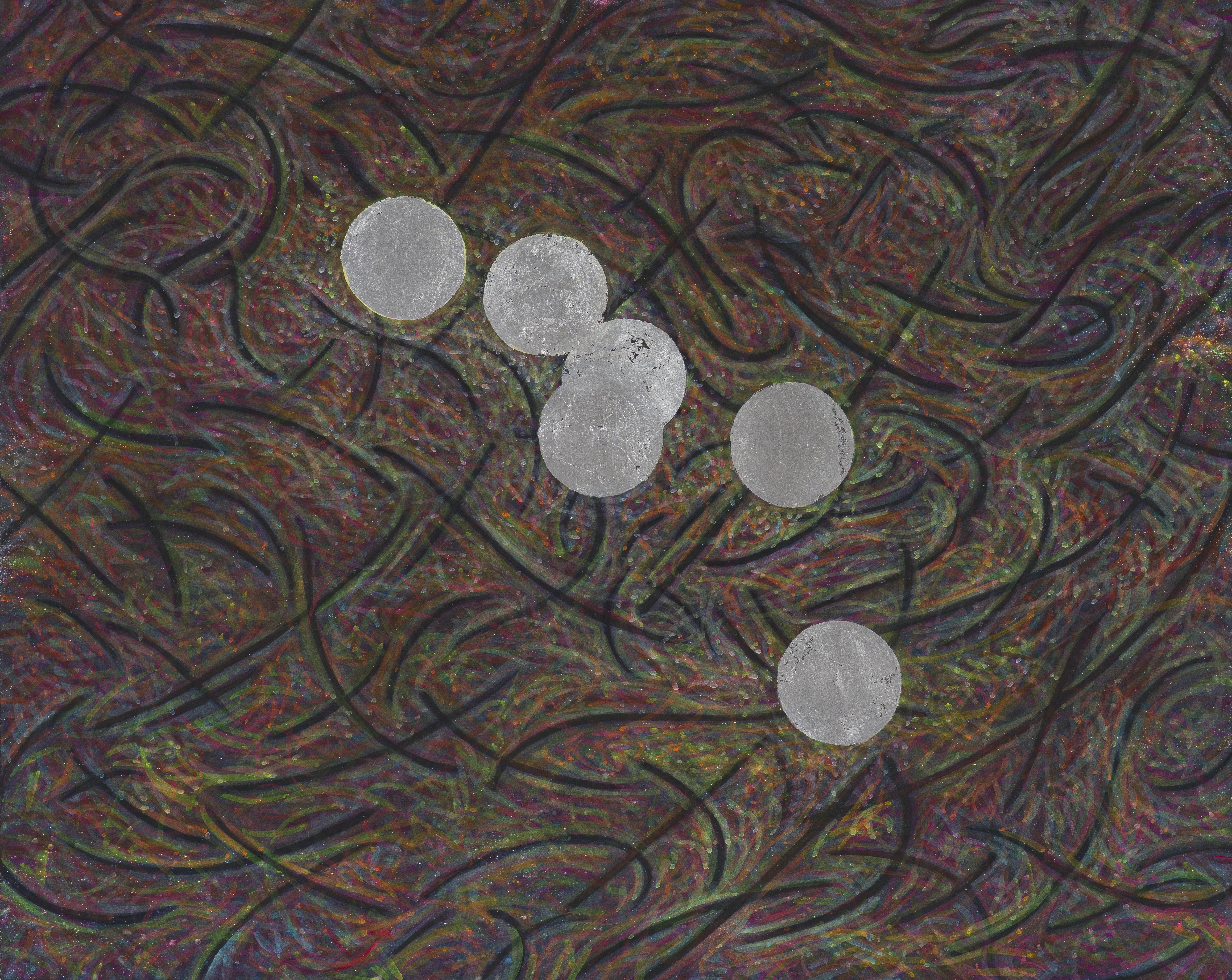 메아리, 장지에 주묵, 분채, 콘테, 은박, 72.7x90.9cm, 2025