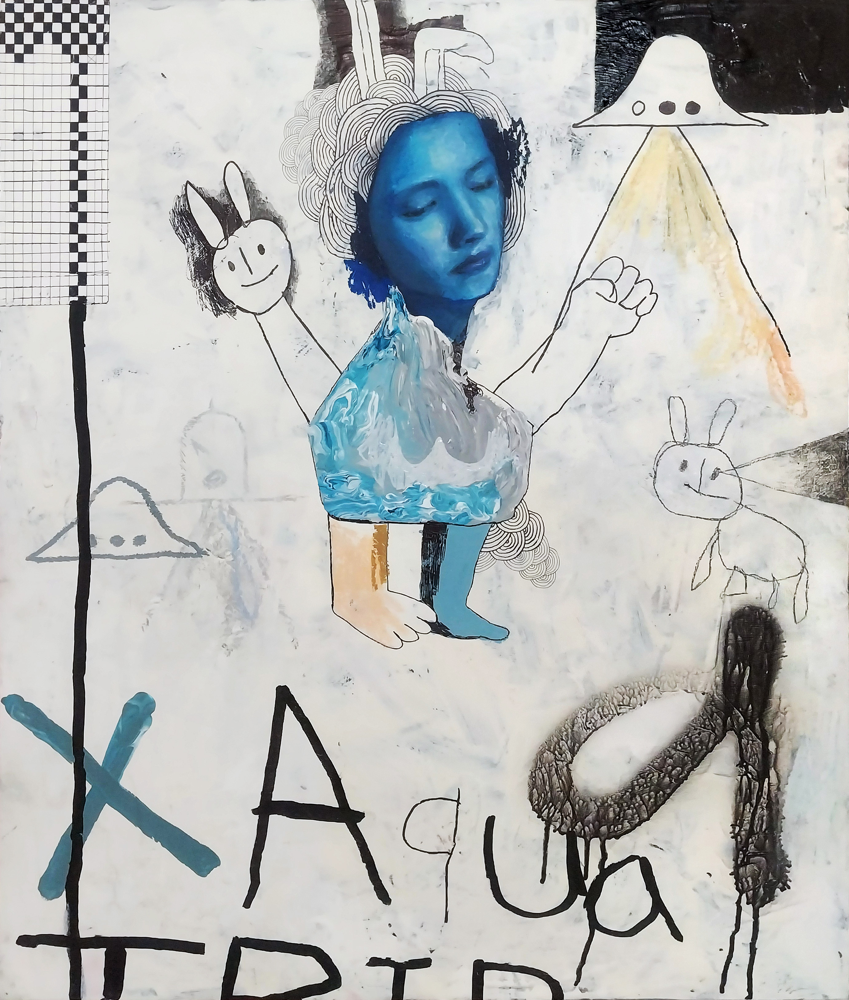 Aqua.  mixed media on paper mounted on wood panel 60.6cm x 72.7cm (2026)