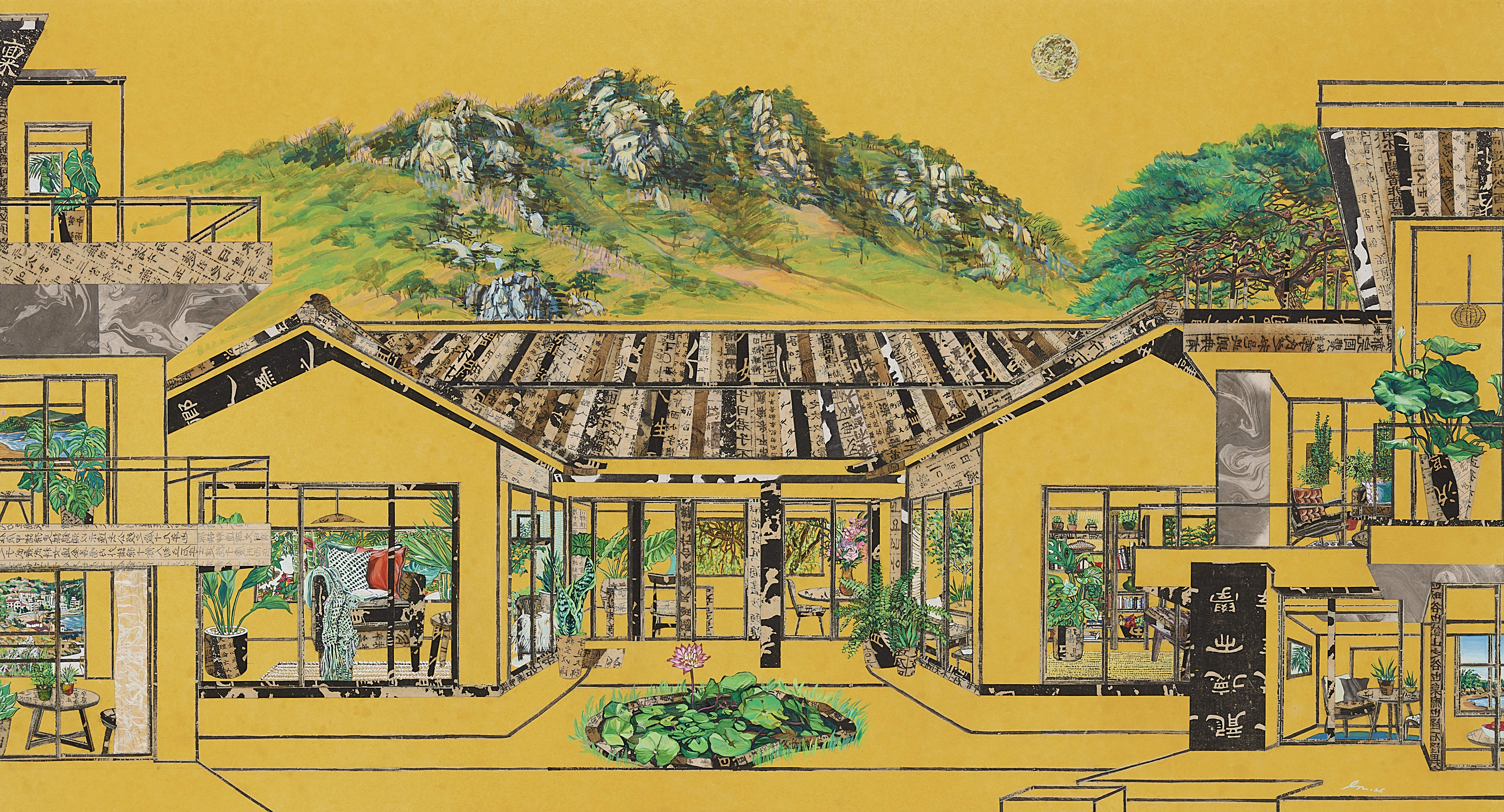 마주한 순간 3, 한지에 고서 꼴라쥬, 수묵, 아크릴, 73×136cm, 2026